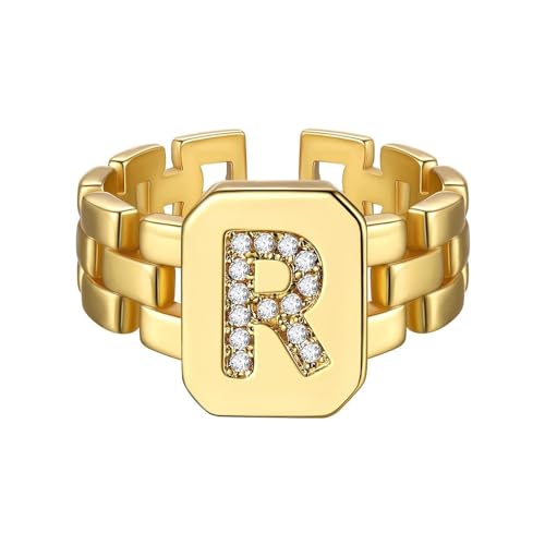 HIJONES Anfangsbuchstaben Ring mit Diamant für Damen Einstellbare Stapelbar Alphabet Offene Ringe Band Gold R von HIJONES