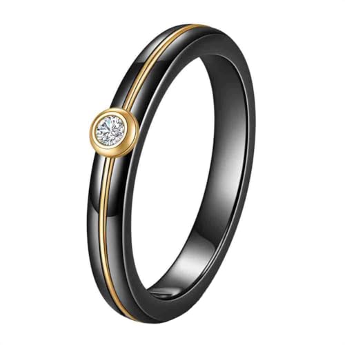 HIJONES Damen 4mm Keramik mit Diamanten Edelstahl Ringband Personalisierter Täglicher Schmuck Gold Schwarz Größe 54 (17.2) von HIJONES