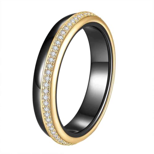HIJONES Damen 4mm Keramik mit Zirkon Edelstahl Ringschiene Personalisierter Schmuck Gold Schwarz Größe 62 (19.7) von HIJONES