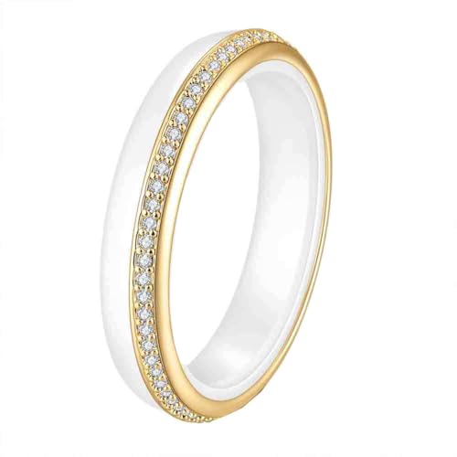 HIJONES Damen 4mm Keramik mit Zirkon Edelstahl Ringschiene Personalisierter Schmuck Gold Weiß Größe 62 (19.7) von HIJONES