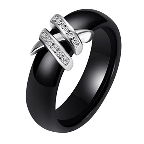 HIJONES Damen 6MM Weiß & Schwarz Keramik Ring Einfach mit Zirkonia Engagement Hochzeit Band Doppelt Schwarz Größe 62 von HIJONES