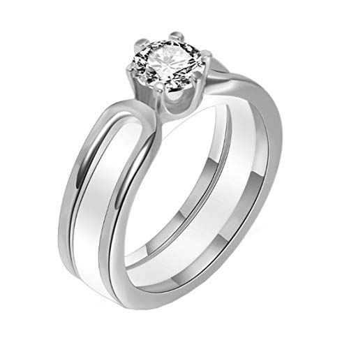 HIJONES Damen Abnehmbar Kristall Keramik Ring Eheringe aus Edelstahl Komfort Fit mit Zirkonia Silber Weiß Größe 57 von HIJONES