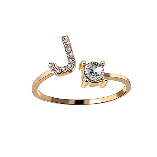 HIJONES Damen Anfangsbuchstabe Open Ring mit Zirkonia Stapelbaren Alphabet Verstellbaren Ringen Gold Brief J von HIJONES