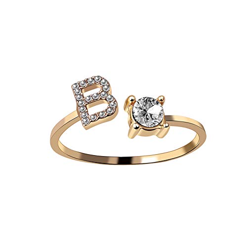 HIJONES Damen Anfangsbuchstabe Open Ring mit Zirkonia Stapelbaren Alphabet Verstellbaren Ringen Golden Brief B von HIJONES