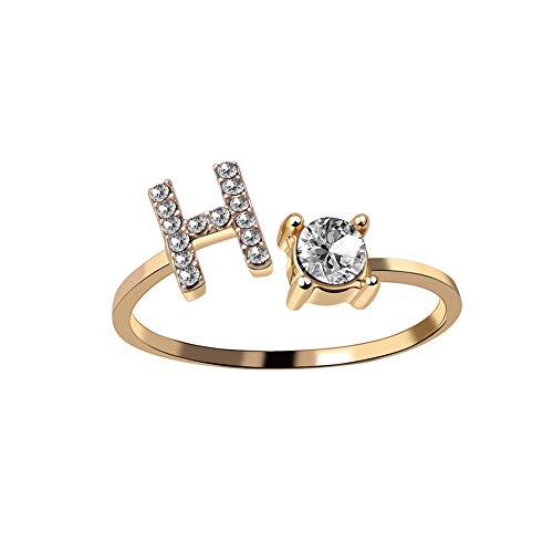 HIJONES Damen Anfangsbuchstabe Open Ring mit Zirkonia Stapelbaren Alphabet Verstellbaren Ringen Golden Brief H von HIJONES