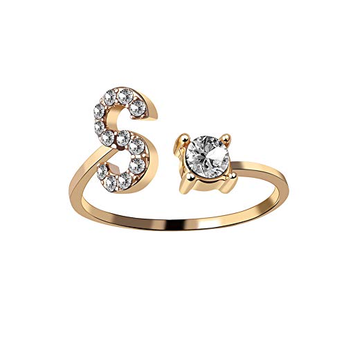 HIJONES Damen Anfangsbuchstabe Open Ring mit Zirkonia Stapelbaren Alphabet Verstellbaren Ringen Golden Brief S von HIJONES