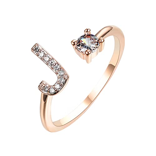 HIJONES Damen Anfangsbuchstabe Open Ring mit Zirkonia Stapelbaren Alphabet Verstellbaren Ringen Roségold Brief J von HIJONES