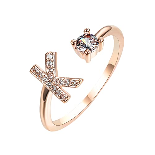 HIJONES Damen Anfangsbuchstabe Open Ring mit Zirkonia Stapelbaren Alphabet Verstellbaren Ringen Roségold Brief K von HIJONES