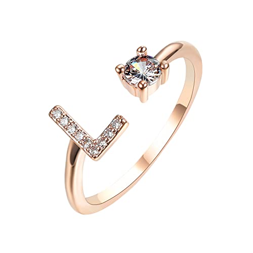 HIJONES Damen Anfangsbuchstabe Open Ring mit Zirkonia Stapelbaren Alphabet Verstellbaren Ringen Roségold Brief L von HIJONES