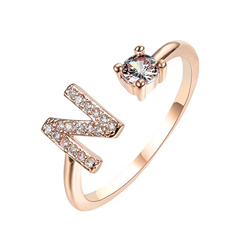 HIJONES Damen Anfangsbuchstabe Open Ring mit Zirkonia Stapelbaren Alphabet Verstellbaren Ringen Roségold Brief N von HIJONES