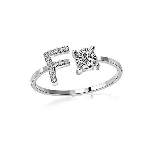 HIJONES Damen Anfangsbuchstabe Open Ring mit Zirkonia Stapelbaren Alphabet Verstellbaren Ringen Silber Brief F von HIJONES