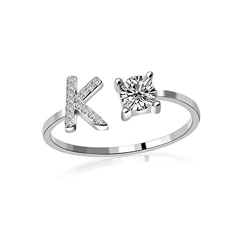 HIJONES Damen Anfangsbuchstabe Open Ring mit Zirkonia Stapelbaren Alphabet Verstellbaren Ringen Silber Brief K von HIJONES