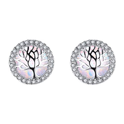 HIJONES Damen Baum Des Lebens Ohrstecker aus 925 Sterling Silber mit Runde Zirkonia Opal Hypoallergen Weiß von HIJONES