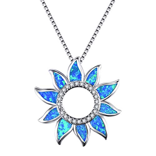 HIJONES Damen Blume Anhänger Halskette aus 925er Sterling Silber mit Zirkonia Opal Blau mit Kette 20 Zoll von HIJONES