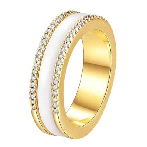 HIJONES Damen Drehbar Keramik Intarsien 2 Reihen Zirkon Edelstahl Ringschiene Personalisierter Schmuck Gold Weiß Größe 52 (16.6) von HIJONES