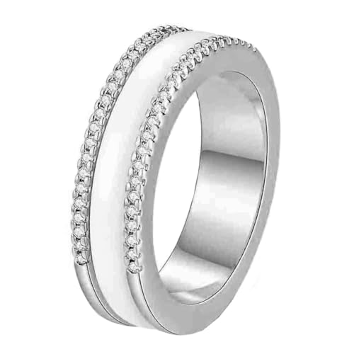 HIJONES Damen Drehbar Keramik Intarsien 2 Reihen Zirkon Edelstahl Ringschiene Personalisierter Schmuck Silber Weiß Größe 54 (17.2) von HIJONES