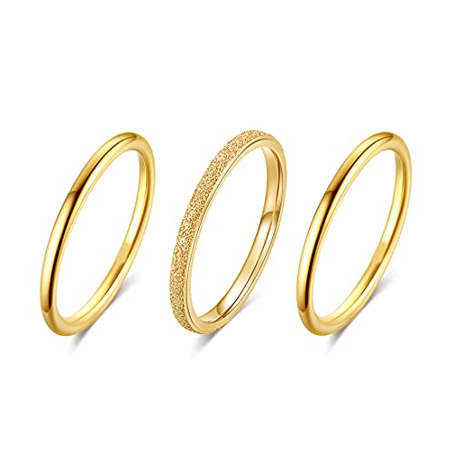 HIJONES Damen Edelstahl 3pcs Stapelbare Ringe Einfache 2mm Dünne Knöchel Finger Ehering Set Gold Größe 47 von HIJONES