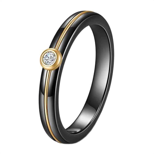 HIJONES Damen Edelstahl 4MM Rund Keramik Zironia Inlay Signetring Goldbeschichtet Hochzeitsversprechen Geburtstag Schmuck Gold Schwarz Größe 62 (19.7) von HIJONES
