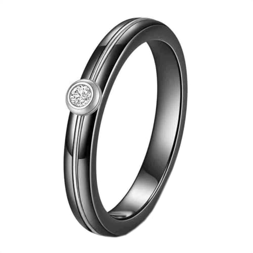 HIJONES Damen Edelstahl 4MM Rund Keramik Zironia Inlay Signetring Goldbeschichtet Hochzeitsversprechen Geburtstag Schmuck Silber Schwarz Größe 57 (18.1) von HIJONES