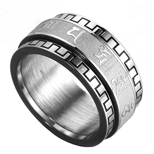 HIJONES Damen Edelstahl Buddhistischen Mantra Om Mani Padme Sum Glück Spinner Ring Band 10 Mm Silber Ton Größe 54 von HIJONES