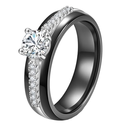 HIJONES Damen Edelstahl Dainty Kubischzirkonia Keramik Verlobungsring Hochzeitsband Ring Für Sie Frauen Frau Braut Mutter Liebhaber Schmuck Geburtstag Schwarz Größe 54 (17.2) von HIJONES