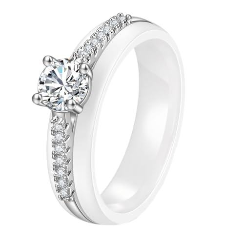 HIJONES Damen Edelstahl Dainty Kubischzirkonia Keramik Verlobungsring Hochzeitsband Ring Für Sie Frauen Frau Braut Mutter Liebhaber Schmuck Geburtstag Weiß Größe 60 (19.1) von HIJONES