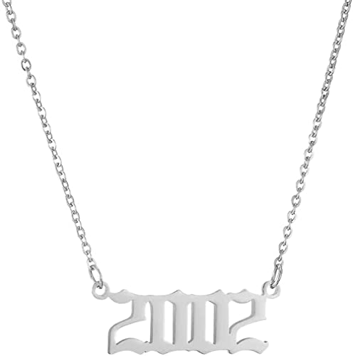 HIJONES Damen Edelstahl Geburtsjahr Halskette Mädchen Jahre Nummer Anhänger Charm Choker Kette Geschenke Silber 2002 von HIJONES