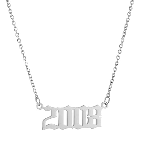 HIJONES Damen Edelstahl Geburtsjahr Halskette Mädchen Jahre Nummer Anhänger Charm Choker Kette Geschenke Silber 2008 von HIJONES