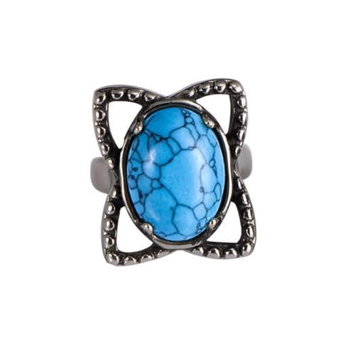 HIJONES Damen Edelstahl Großer Ovaler Achat Edelstein Blumen Hohl Graviertes Eheringband Blau Größe 65 (20.7) von HIJONES