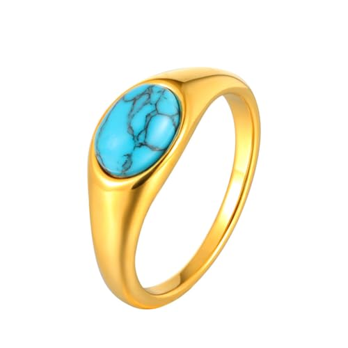 HIJONES Damen Edelstahl Großer Ovaler Achat Edelstein Blumen Hohl Graviertes Eheringband Blauer Stein Größe 54 (17.2) von HIJONES