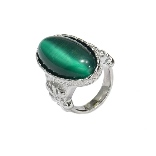 HIJONES Damen Edelstahl Großer Ovaler Cat-Eye-Steinring Mit Graviertem Blumen-Versprochenem Ehering Silbergrüner Stein Größe 68 (21.6) von HIJONES