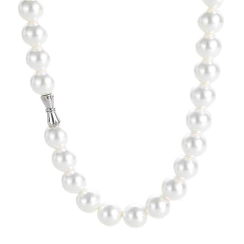 HIJONES Damen Edelstahl Hip Hop Similuated Perle Perlenkette Verschluss Charmanter Modeschmuck Silber 12MM 60CM von HIJONES