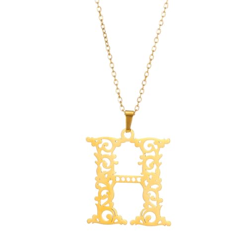 HIJONES Damen Edelstahl Hohle Blume Anfangsbuchstabe Choker Halskette Alphabet Anhänger Charme mit Kette Vergoldet H von HIJONES