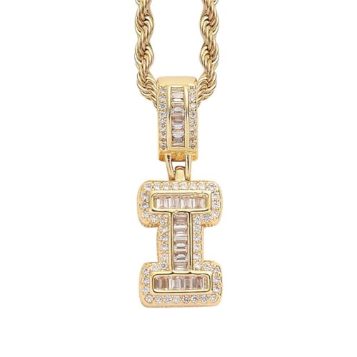 HIJONES Damen Edelstahl Ice Out Zirkonia Initiale A-Z Buchstabe Name Anhänger Halskette Hip Hop CZ Charm Schmuck mit gedrehten Ketten Gold I von HIJONES