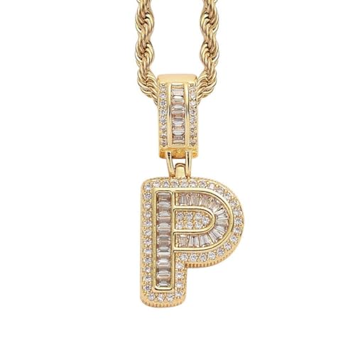 HIJONES Damen Edelstahl Ice Out Zirkonia Initiale A-Z Buchstabe Name Anhänger Halskette Hip Hop CZ Charm Schmuck mit gedrehten Ketten Gold P von HIJONES