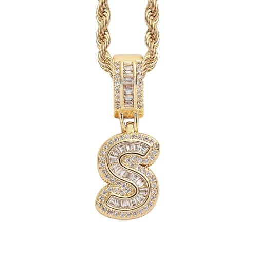 HIJONES Damen Edelstahl Ice Out Zirkonia Initiale A-Z Buchstabe Name Anhänger Halskette Hip Hop CZ Charm Schmuck mit gedrehten Ketten Gold S von HIJONES