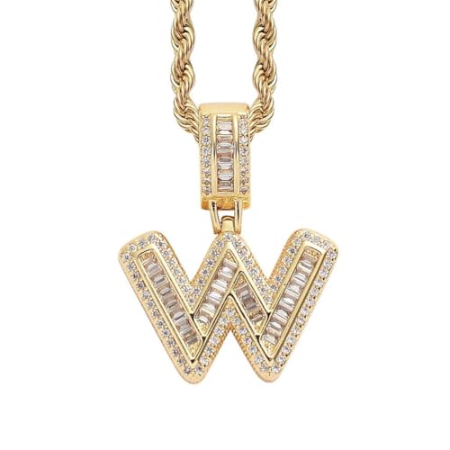 HIJONES Damen Edelstahl Ice Out Zirkonia Initiale A-Z Buchstabe Name Anhänger Halskette Hip Hop CZ Charm Schmuck mit gedrehten Ketten Gold W von HIJONES