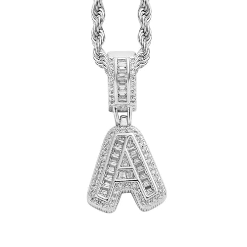 HIJONES Damen Edelstahl Ice Out Zirkonia Initiale A-Z Buchstabe Name Anhänger Halskette Hip Hop CZ Charm Schmuck mit gedrehten Ketten Silber A von HIJONES