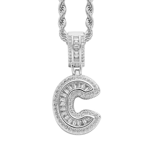 HIJONES Damen Edelstahl Ice Out Zirkonia Initiale A-Z Buchstabe Name Anhänger Halskette Hip Hop CZ Charm Schmuck mit gedrehten Ketten Silber C von HIJONES