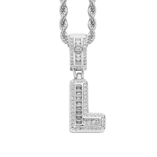 HIJONES Damen Edelstahl Ice Out Zirkonia Initiale A-Z Buchstabe Name Anhänger Halskette Hip Hop CZ Charm Schmuck mit gedrehten Ketten Silber L von HIJONES