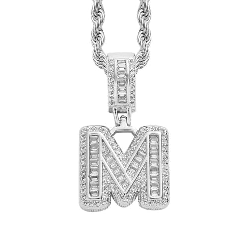 HIJONES Damen Edelstahl Ice Out Zirkonia Initiale A-Z Buchstabe Name Anhänger Halskette Hip Hop CZ Charm Schmuck mit gedrehten Ketten Silber M von HIJONES