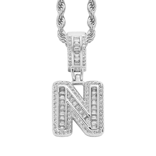 HIJONES Damen Edelstahl Ice Out Zirkonia Initiale A-Z Buchstabe Name Anhänger Halskette Hip Hop CZ Charm Schmuck mit gedrehten Ketten Silber N von HIJONES