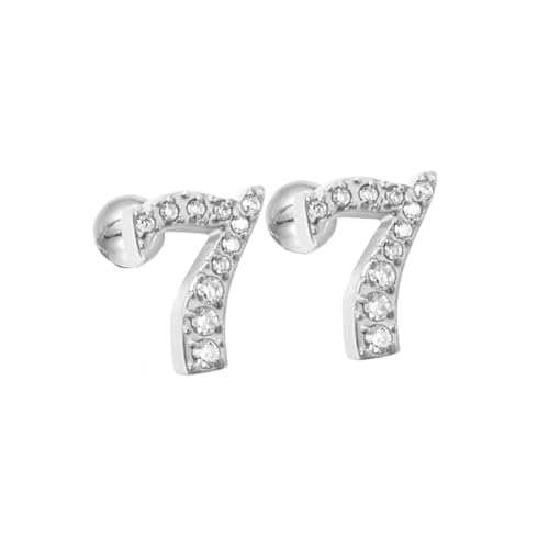 HIJONES Damen Edelstahl Leichte Glücksengel Ziffern Zirkon Ohrstecker Runde Birne Kugel Zurück Silber 7 von HIJONES