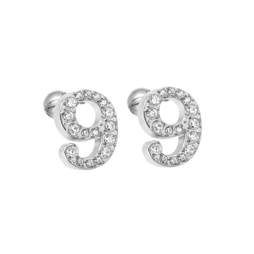 HIJONES Damen Edelstahl Leichte Glücksengel Ziffern Zirkon Ohrstecker Runde Birne Kugel Zurück Silber 9 von HIJONES