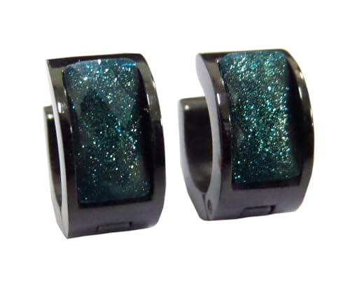 HIJONES Damen Edelstahl Mehrfarbige Rechteckige Harz Zirkon schwarz Titan Creolen Piercing Ohrclips Dunkelgrün von HIJONES