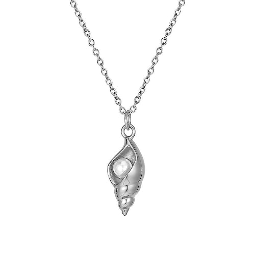 HIJONES Damen Edelstahl Muschel Perlenkette Muschel Anhänger Charm mit Kette Zierliche Schmuck Silber von HIJONES