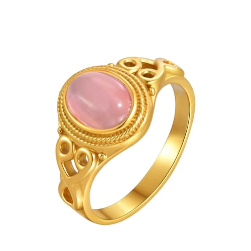HIJONES Damen Edelstahl Quadratischer Flacher Achat Edelstein Siegelring Matt Polierter Finger Ehering Rosa Stein Größe 52 (16.6) von HIJONES