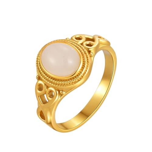 HIJONES Damen Edelstahl Quadratischer Flacher Achat Edelstein Siegelring Matt Polierter Finger Ehering Weißer Stein Größe 57 (18.1) von HIJONES