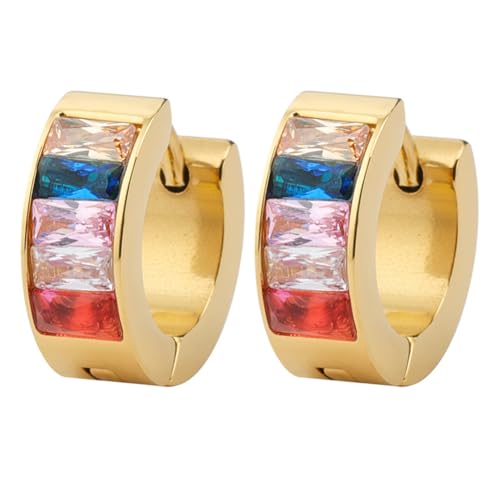 HIJONES Damen Edelstahl Rechteck Regenbogen CZ Intarsien Kleine Hoggie Creolen LGBT Pride Lesbisch Bisexuell Nichtbinäre Asexuelle Flagge LGBTQ Ohrstecker Schmuck Gold von HIJONES