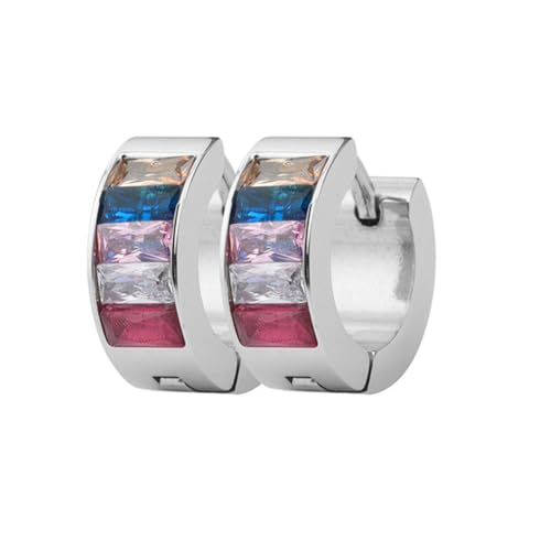HIJONES Damen Edelstahl Rechteck Regenbogen CZ Intarsien Kleine Hoggie Creolen LGBT Pride Lesbisch Bisexuell Nichtbinäre Asexuelle Flagge LGBTQ Ohrstecker Schmuck Silber von HIJONES